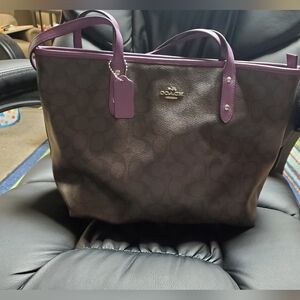 Brown and purple Coach tote